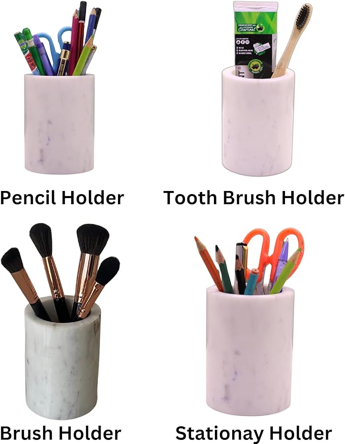 Natural Marble Pencil Pen Holder Stand for Desk, Makeup Brush Cup for Girls, Bathroom Tumbler Cup, Durable Office & Home Organizer Pencil Holder