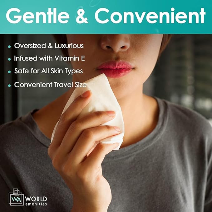 Bulk Makeup Remover Wipes | 50 Count | Individually Wrapped, Gentle Cleansing, Alcohol Free - All Skin Types - Vitamin E - 100% Recyclable, Hotel Travel Size Toiletries