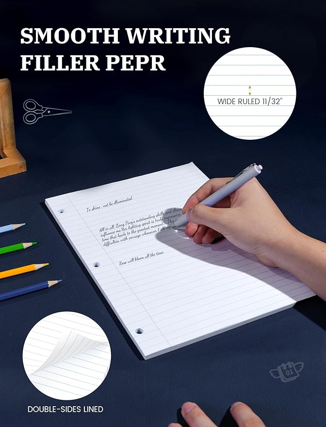 Loose Leaf Paper, 300 Sheets Notebook Paper, 3-Hole Punched Binder Paper 8-1/2 x 11 In Filler Paper, Wide Ruled Loose Leaf Paper 8.5 x 11 Lined Paper for 3 Ring Binder, White, 3 Pack, 100 Sheets/Pad