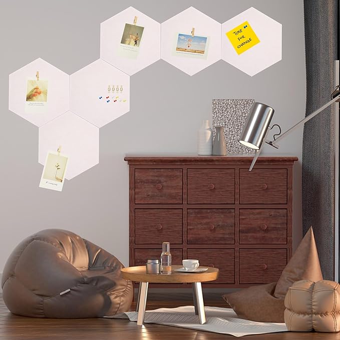6Pcs White Hexagon Bulletin Board Strips,White Felt Pin Board Bar Strips with 50 Pushpins, Self-Adhesive Felt Cork Board Strips for Wall to Display Your Notes, Photos, Schedules