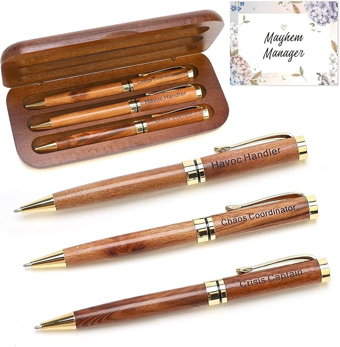 Best Wooden Pen Set with Holder, Chaos Coordinator Gifts for Women, Boss Gift for Men Supervisor Presents for Boss Female Leadership Nurse Office Manager Gifts Funny Custom Personalized Wood Pens