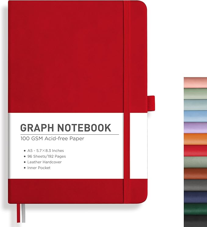 RETTACY Graph Grid Paper Notebook, 192 Pages, A5 Medium Size (5.7'' x 8.3''), 5 Squares per Inch, Leather Hardcover, 100 GSM Thick Paper, for School, Students, Math, Engineering (Red)