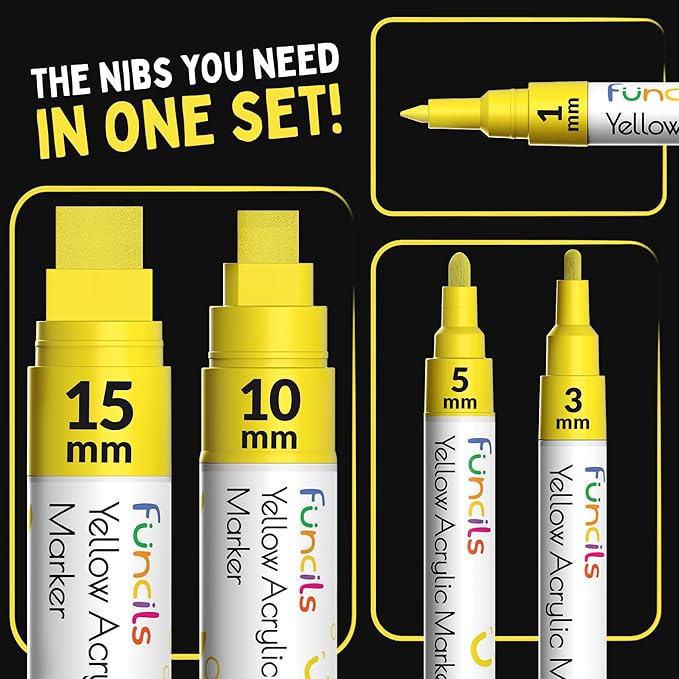 5 Acrylic Yellow Paint Pen - Extra Fine Tip, Thin & Jumbo (1mm, 3mm, 6mm, 10mm, 15mm) - Yellow Paint Marker for Metal, Fabric, Canvas, Wood, Rock Painting, Glass Markers, Water-based ink