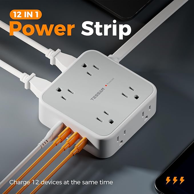 Surge Protector Power Strip, TESSAN 5 FT Extension Cord with Multiple Outlets Flat Plug, 4 USB (3 USB C) and 8 AC Outlets, 900J Protection, Wall Mount Charging Station for Home Office Supplies