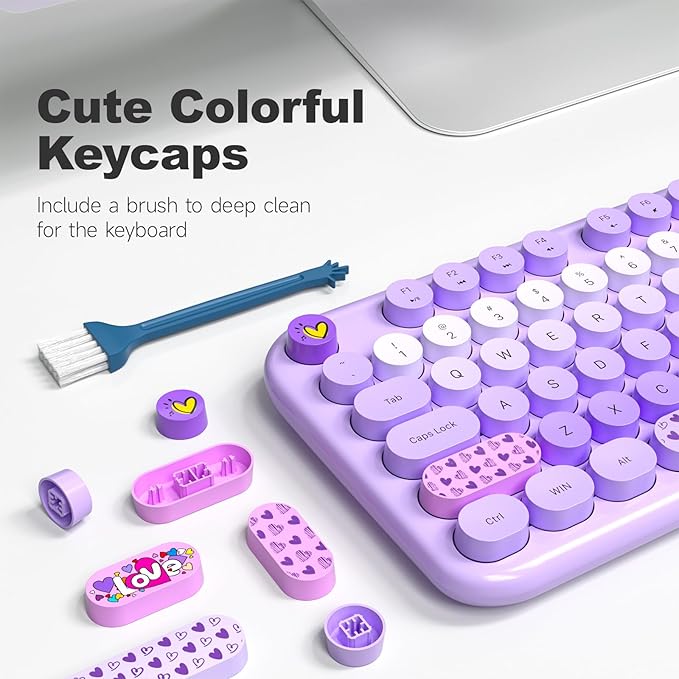 Wireless Keyboard and Mouse, Typewriter Full Size Keyboard with Number Pad and 2 in 1 USB Connected Mouse for Windows 7/8/10, Laptop, Desktop, PC, Computer (Purple Colorful)