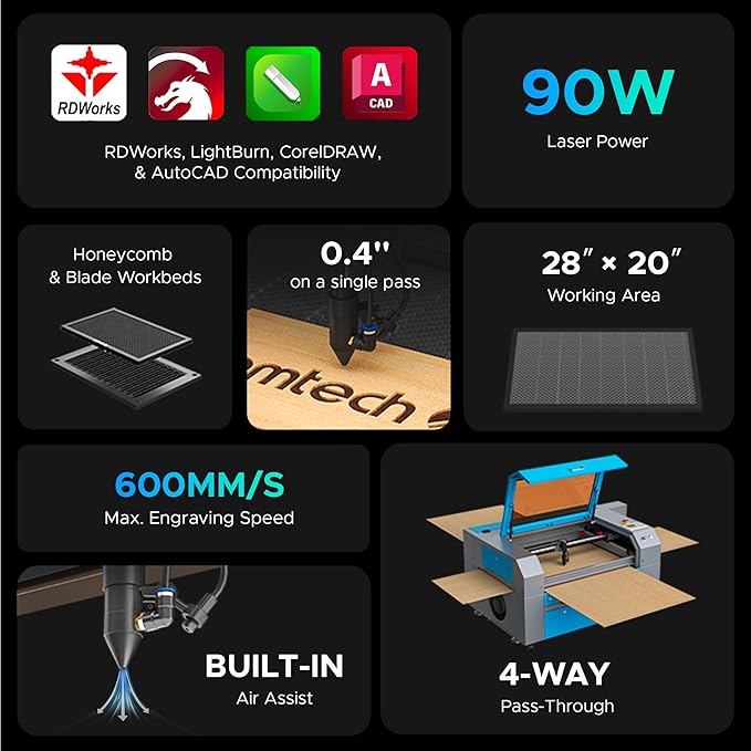 OMTech 90W CO2 Laser Engraver with Water Chiller, 28"x20" Cutting & Engraving Machine with Air Assist, 4-Way Pass, Caster Wheels, RDWorks, for Wood, Glass, Acrylic & More