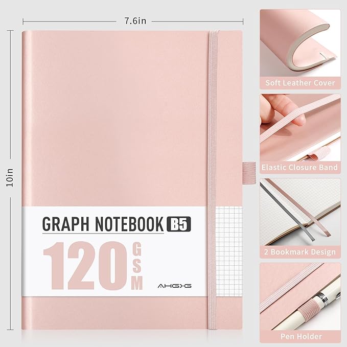 AHGXG Graph Paper Notebook - Grid Notebook Journal, 120 GSM Thick Graph Paper, Large B5 Notebook 96 Pages, Leather Softcover, for Graphing, Writing, Math, Engineering, 7.6'' X 10'' - Rose Gold