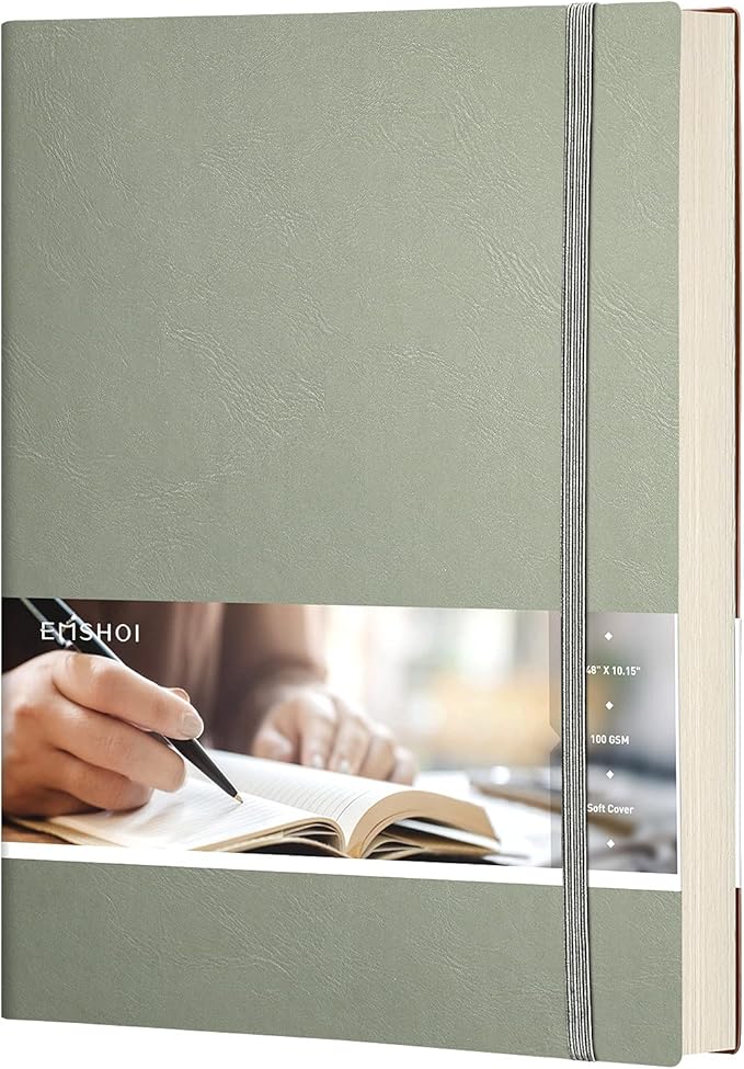 EMSHOI College Ruled Composition Notebook - Large B5 Notebook Lined Journal Leather with Free Sticky Notes, 204 Numbered Pages,100gsm Thick Lined Paper, Softcover, 7.5"x10"-Green
