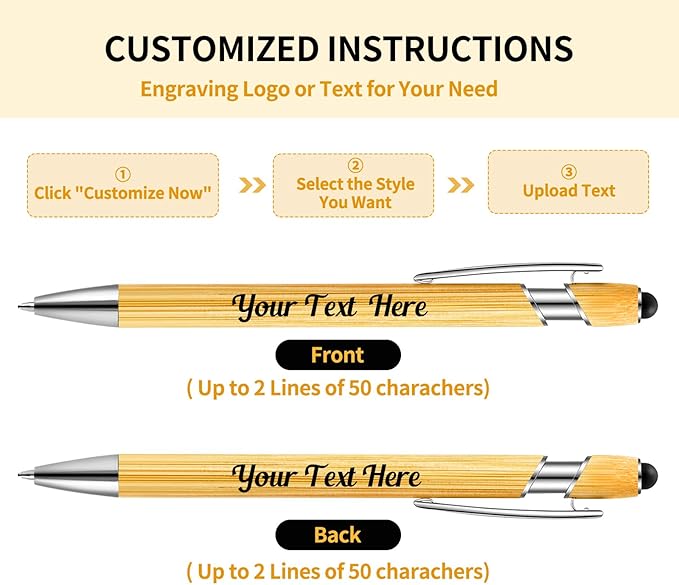 Bamboo Personalized Pens Bulk with Stylus - Custom Logo/Name, 12 Pack Ballpoint Pens - Student & Teacher Bulk Gifts, Corporate Giveaways, Back to School Supplies - Black Ink