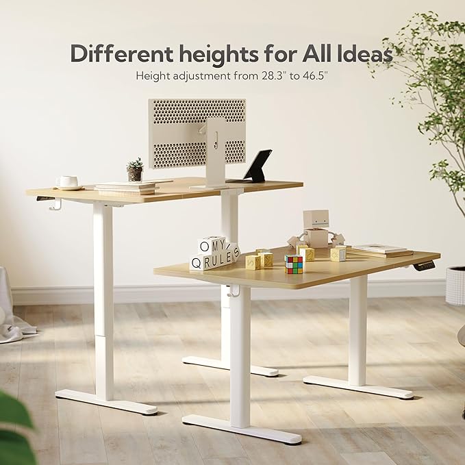 Electric Standing Desk, Adjustable Height Stand up Desk, 63x24 Inches Sit Stand Home Office Desk with Splice Board, White Frame/Nature Top