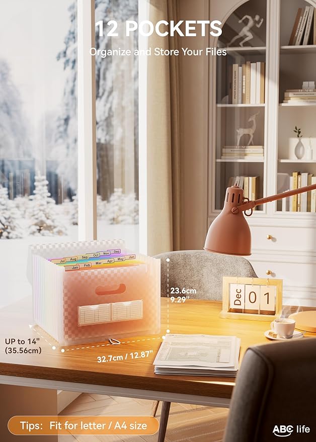 ABC life 12 Pockets Accordion File Organizer Expanding File Folders, Portable Monthly Bill Receipt Document Organizer, Expandable Accordian Filing Folder Letter A4 Size, Colored Tabs (Pink)