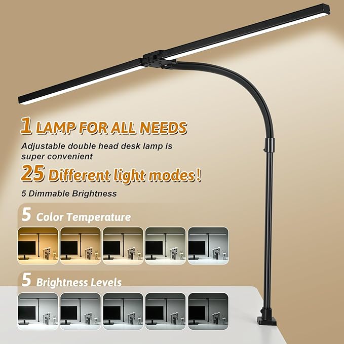 Double Head LED Desk Lamp with Anti-Glare Cover Tall Desk Lamps for Home Office 24W Brightest Computer Desk Light Office Lamp for Workbench Drafting Architect Study Reading with Clamp and Base