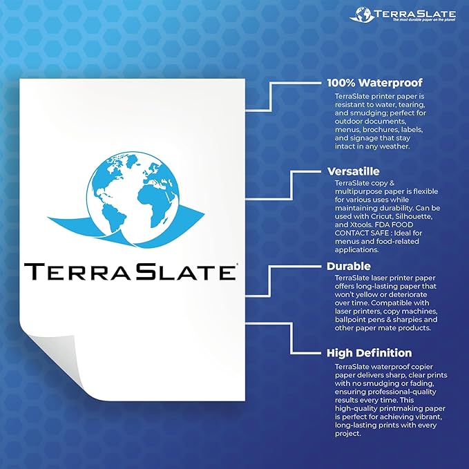 TerraSlate Premium Waterproof Paper, 5 MIL 8.5” x 11”, Laser Printer & Copy Machine Compatible, Durable & Rain/Weather-Proof Copy Paper, White Paper (25 Sheets)