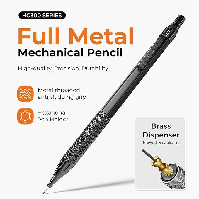 Four Candies 2PCS Metal Mechanical Pencils Set with Case, 0.5mm & 0.7 mm Artist Pencil with 6 Tubes (360PCS) HB Lead Refills, 3 Erasers,9 Eraser Refills For Writing Drafting, Drawing, Black