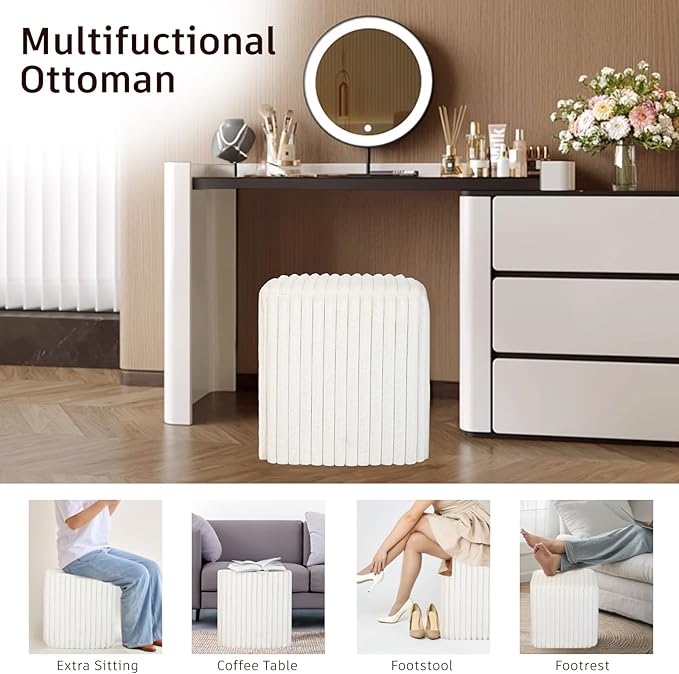 Modern Square Ottoman, Vertical Channel Tufted Foot Stool Ottoman, Velvet Upholstered Vanity Stool for Makeup, Bedroom, Living Room, White