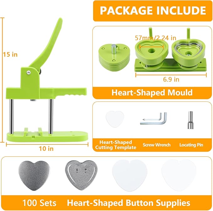 Heart Button Maker Machine Replaceable Badge-Model, DIY Button Pin Maker Kit, Badge Press Machine with 100PCS Heart Badge Making Supplies & Circle Cutter
