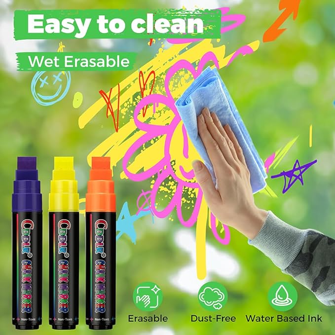 Window Chalk Markers for Cars Washable,Jumbo Liquid Chalk Marker with 8 Colors 15mm Thick Tips,Window Paint Markers for Auto,Glass,Blackboards,Bistro, Mirror, Poster, Business