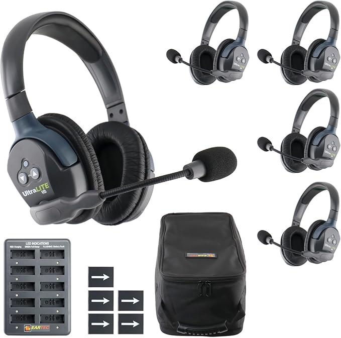 Eartec UL5D Ultralite-HD 5-Person Full Duplex Wireless Intercom Headset Communication System, Dual Ear Headsets, Up to 1000ft Range, U.S. Company