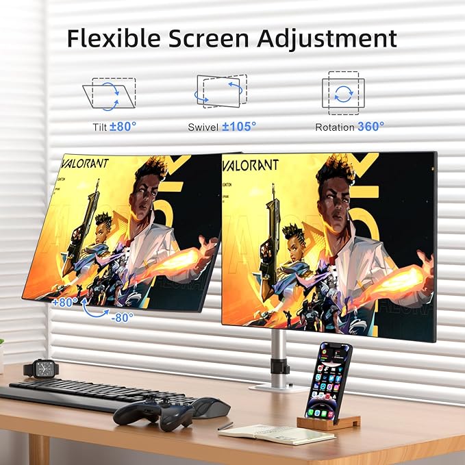 Suptek Dual Monitor Desk Mount, Adjustable Dual Monitor Arm for 2 Monitor Screens up to 42 inch, Extra Tall 15.75" Pole Monitor Stand for Desk, Holds up to 22 lbs,Silver(MD9442LS)