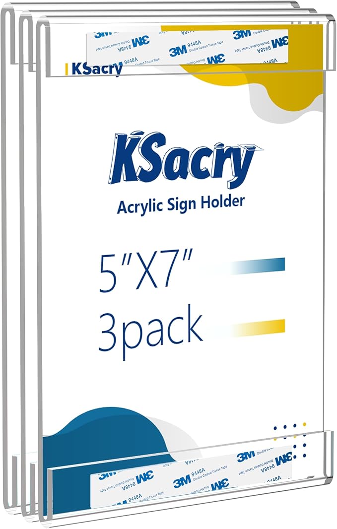 3 Pcs Acrylic Sign Holder 5 x 7, Vertical Wall Mount Sign Holders with 3M Adhesive, Clear Plastic Frames Paper Display Sign Holders for Office, Home, Store, Restaurant - No Drilling