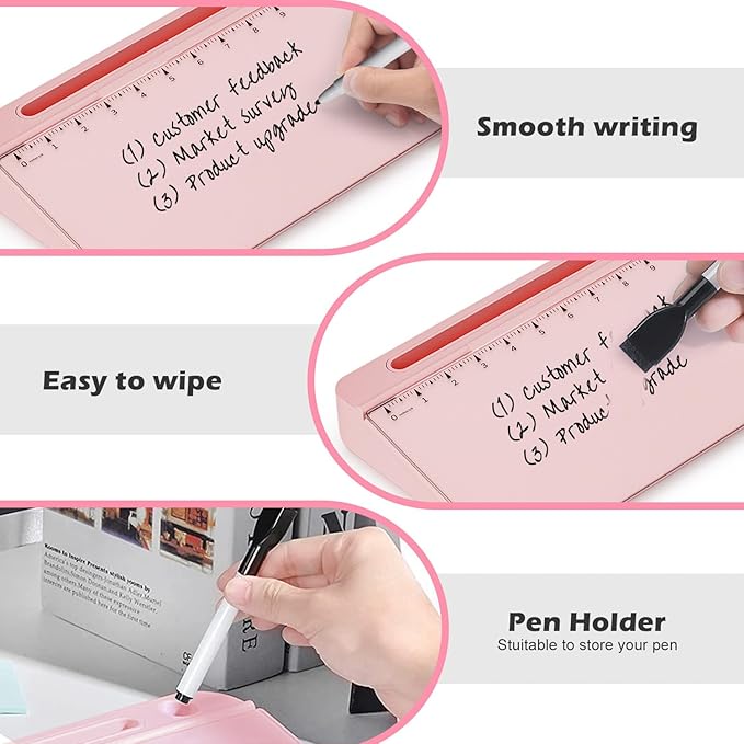 Desktop Glass Whiteboard with Mirror & Calculator(12 Digit LCD Display) & Ruler Marker,Tilted Computer Keyboard Stand with Dry Erase Board Surface, Desk Organizers with Accessories,Pink