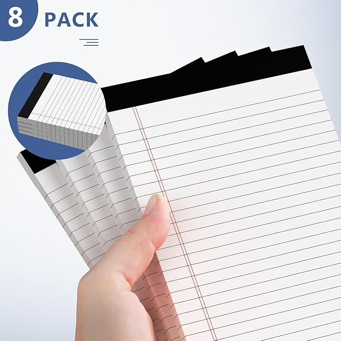 8 Pack Note Pads 5 x 8 Inch Small Legal Pads 5 x 8 White Notepad 5 x 8 Perforated Writing Pads Lined Paper Pads College Ruled Pad Paper 30 Sheets Notebook for Study, To-Do Lists, Office