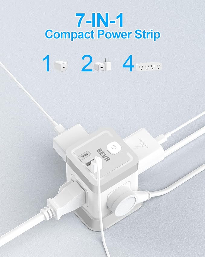 BEVA Cube Power Strip 10 ft Cord, Desktop Power Strip with 4 Outlets and 3 USB Ports, Flat Plug, Overload Protection, Compact Power Strips Tower for Travel Home Office Cruise Ship - ETL Listed