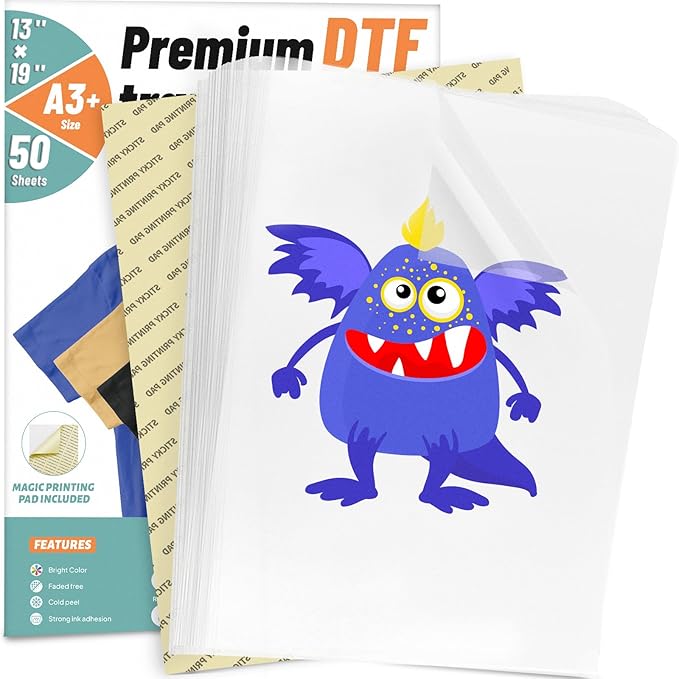 KASYU DTF Transfer Film, 50 Sheets 13"*19" DTF Paper with Smart Print Pad for All Sublimation DTF Printers,DTF Films for Sublimation Hack and All Color Fabric