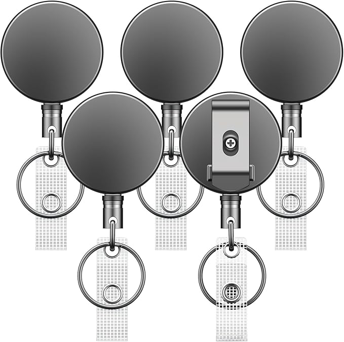 Uniclife 5 Pack Metal Retractable Keychain Heavy Duty Retractable Badge Reel for Badge Holder All Metal Casing with Stainless Steel Spring Coil 27.5 Inch Nylon Rope Belt Clip and Key Ring
