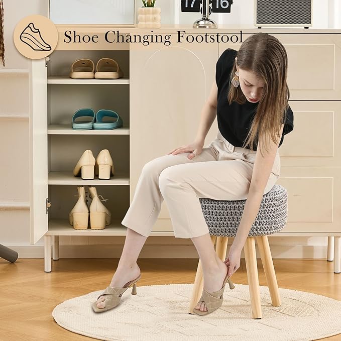 Cotton Knitted Ottoman Round Footstool Vanity Stool Modern Ottoman Footrest Stool with Non-Skid Wood Legs for Living Room Bedroom Grey