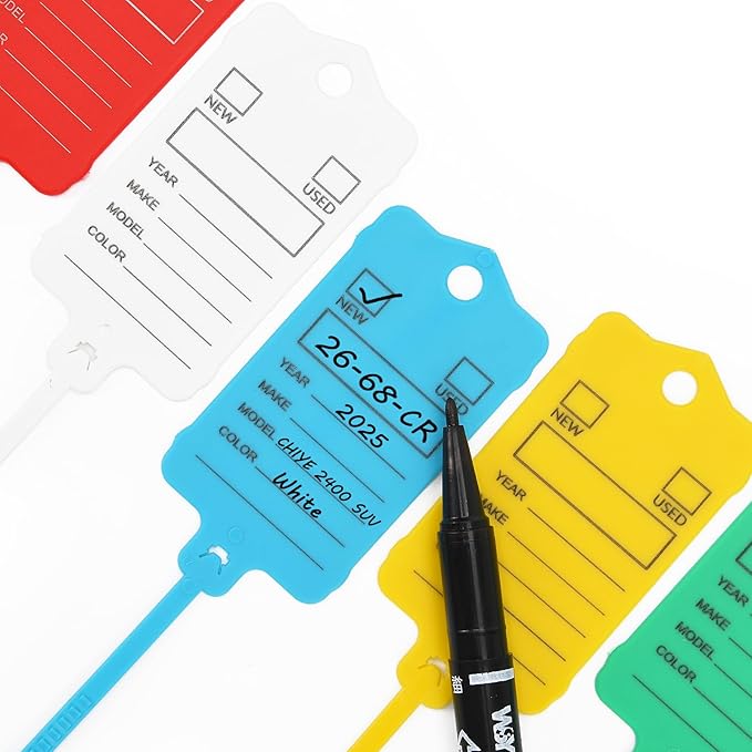 50 Car Key Tags with Labels Plastic Car Dealership Key Tags Self Locking Automotive Identifiers Blank Shop Labels with One Pen (Mixed Color)