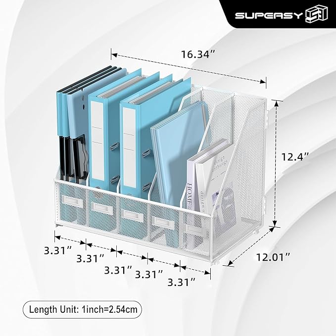 SUPEASY Desk Organizers Metal Desk Magazine File Holder with 5 Vertical Compartments Rack File Organizer for Office Desktop, Home Workspace, White Plus