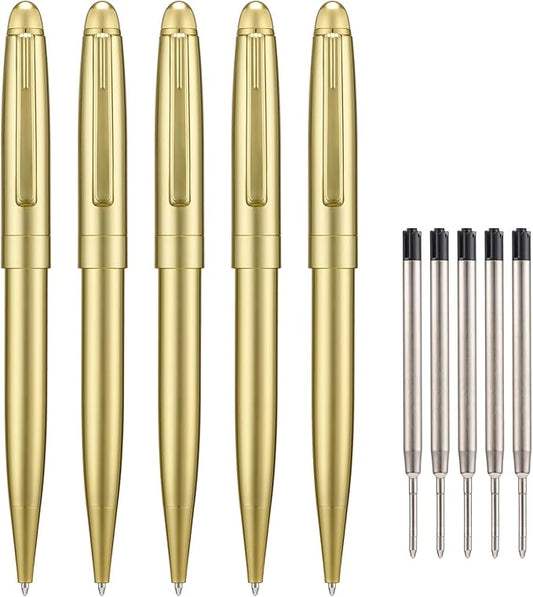 5 PCS Golden Ballpoint Pens with Extra Refills Set, 1mm Medium Point Black Ink, Great Smooth Writing Metal Pen for Business Office Teacher Student Wedding Guest Gift (Gold Trim)