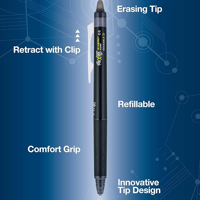 Pilot, FriXion Synergy Clicker Erasable, Refillable, Retractable Gel Ink Pens, Extra Fine Point 0.5 mm, Pack of 7, Assorted Colors