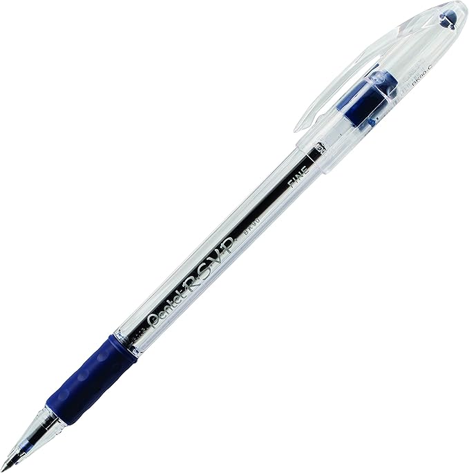 Pentel® R.S.V.P.® Ballpoint Pens, Fine Point, 0.7 mm, Clear Barrel, Blue Ink, Pack of12