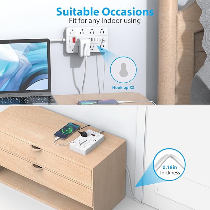 Power Strip Surge Protector, SMNICE Flat Plug Long Extension Cord 10 Ft with 8 Widely Spaced Outlets 6USB(1 USB C) Charging Station, Wall Mount for Dorm Home, Office Accessories,White