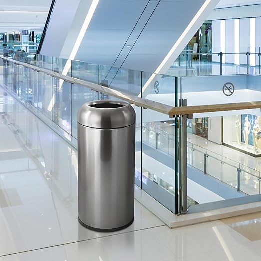 WICHEMI 16 Gallon Commercial Large Trash Can, Bullet Outdoor Trash Bin with Open Top Lid, Brushed Stainless Steel Garbage Can, Black
