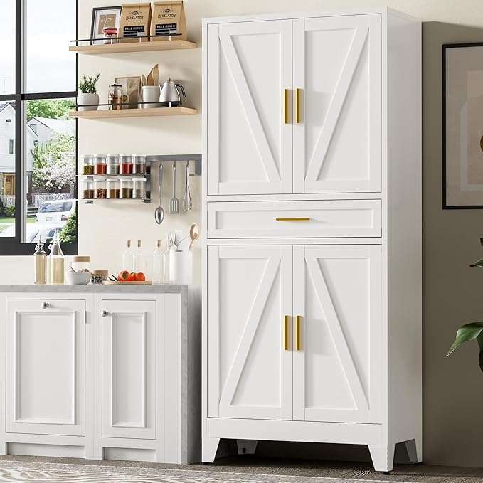 71" Tall Metal Storage Cabinet with Adjustable Shelves,Farmhouse Kitchen Pantry Cabinet with 2 Barn Doors and Drawer,Large Storage Cabinets for Dining Room,Bathroom,Living Room(White)