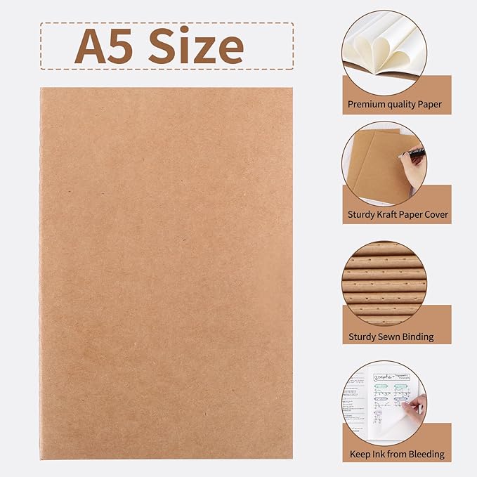 EOOUT 24 Pack Blank Kraft Notebooks, A5 Journals Notebook Bulk, Unlined Paper Sketchbooks, 8.3x5.5in 60 Pages Travel Journal Set for Journaling, Student, Kids, Writing