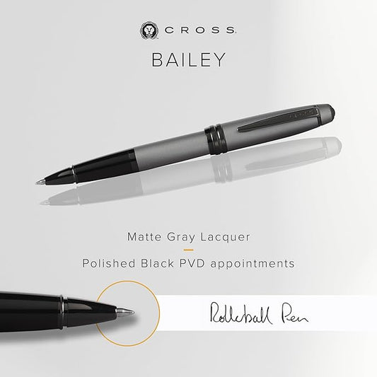 Cross Bailey Refillable Rollerball Pen Presented in a Premium Gift Box - Medium Point, Black Ink, Matte Gray