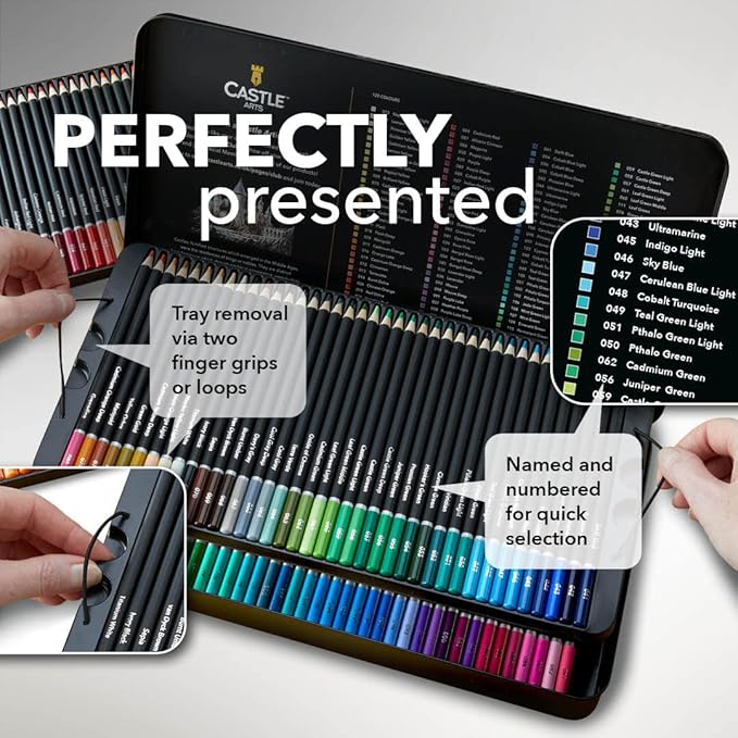 Castle Art Supplies Colored Pencils Set | 120 Premium Soft Core Coloring Pencils for Adults | Organized in Presentation Tin Case