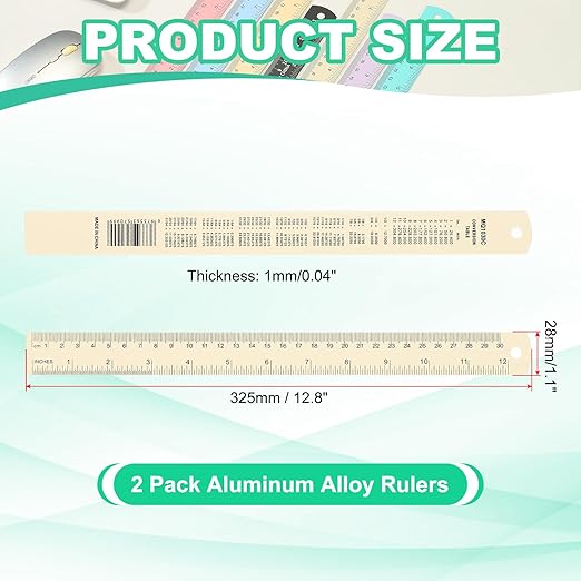 PATIKIL 30cm/12 Metal Ruler, 2 Pack Aluminum Alloy Rulers with Centimeters, Millimeters, Inches and Conversion Table Straight Edge Ruler for Writing Machinist Drafting, Yellow