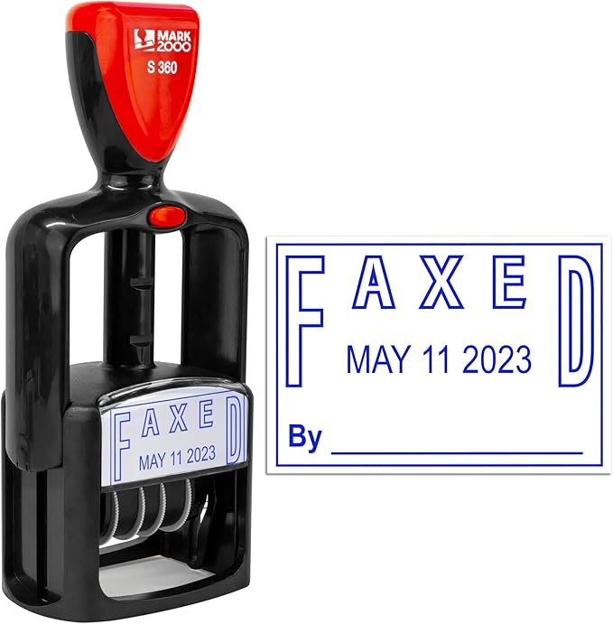 Self-Inking Rubber Date Office Stamp with Faxed Phrase - Blue Ink - 12-Year Band