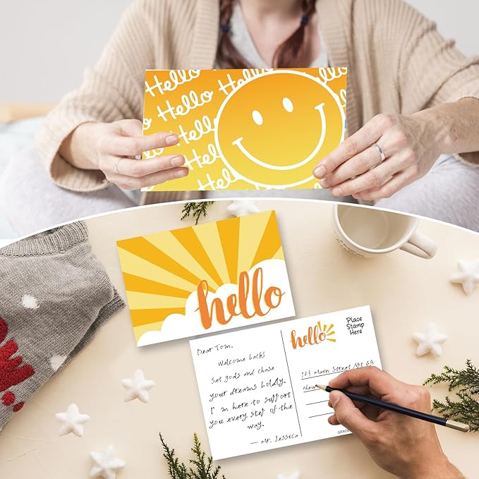 60 Hello Postcards for Mailing Bulk Blank Greeting Cards 4 x 6 Inch Sunny Sunflower Colorful Smiley Face Post Cards for Kids Adults Teachers Students Assorted Blank Note Cards 5 Hello Designs