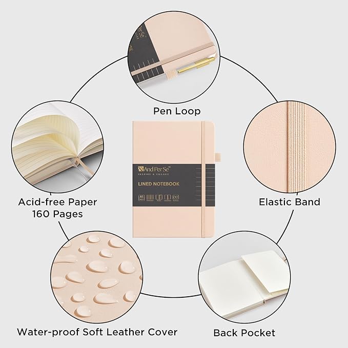 A5 Lined Leather Journal and Pen Set, Hardcover Notebook with Pen, 160 Pages 100gsm Thick Ruled Paper for for Women Men Work Business School or Home Writing, 5.7'' x 8'' (Light Apricot)