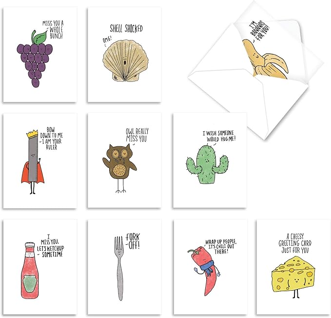 The Best Card Company - 10 Funny Assorted Blank Humor All Occasions Notecards Boxed Set 4 x 5.12 Inch w/Envelopes Cute Word Play for Men, Women (10 Designs, 1 Each) - Fun Puns M2975OCB