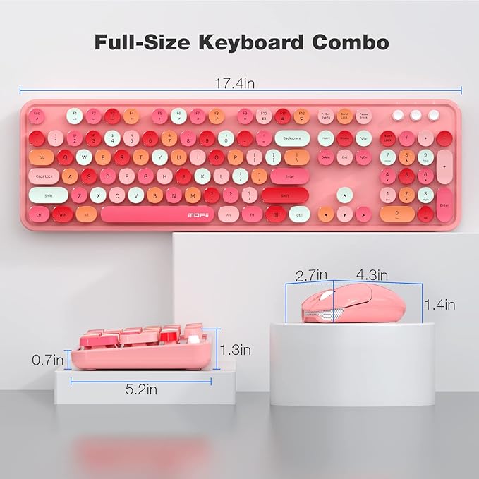 MOFII Wireless Keyboard and Mouse, Pink Colorful Round Key Retro Typewriter Keyboards, USB Wireless 2.4G Full Size Keyboard and Cute Mice Combo for Computer, Laptop, PC, Chromebook, Smart TV