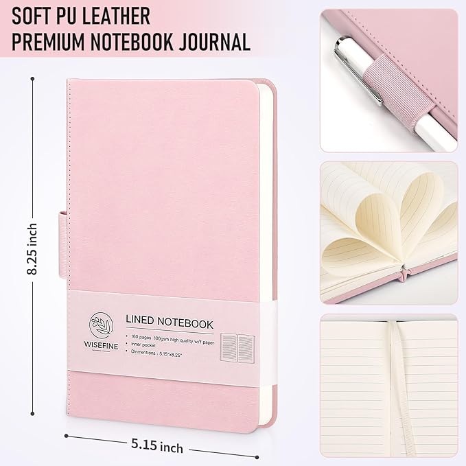 Hardcover Executive Notebooks, 160 Pages Line Ruled Classic Notebook Journal, Leather Notebooks with Pen for Bussiness College Writing Pink