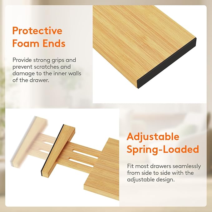 Lifewit 8 Pack Drawer Dividers Bamboo 4" High, 12-17" Adjustable Drawer Organizers for Clothes, Expandable Dresser Separators in Bedroom/Bathroom/Kitchen/Fridge/Office Organization and Storage