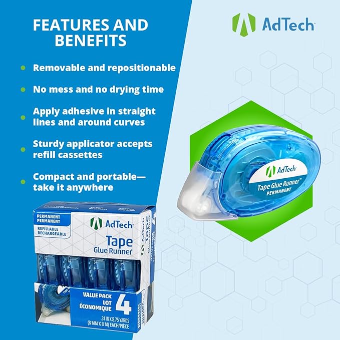 AdTech Glue Runner For Scrapbooking Supplies, case pack, Clear 4 Count (Pack of 12) cartridges,05603-CASE